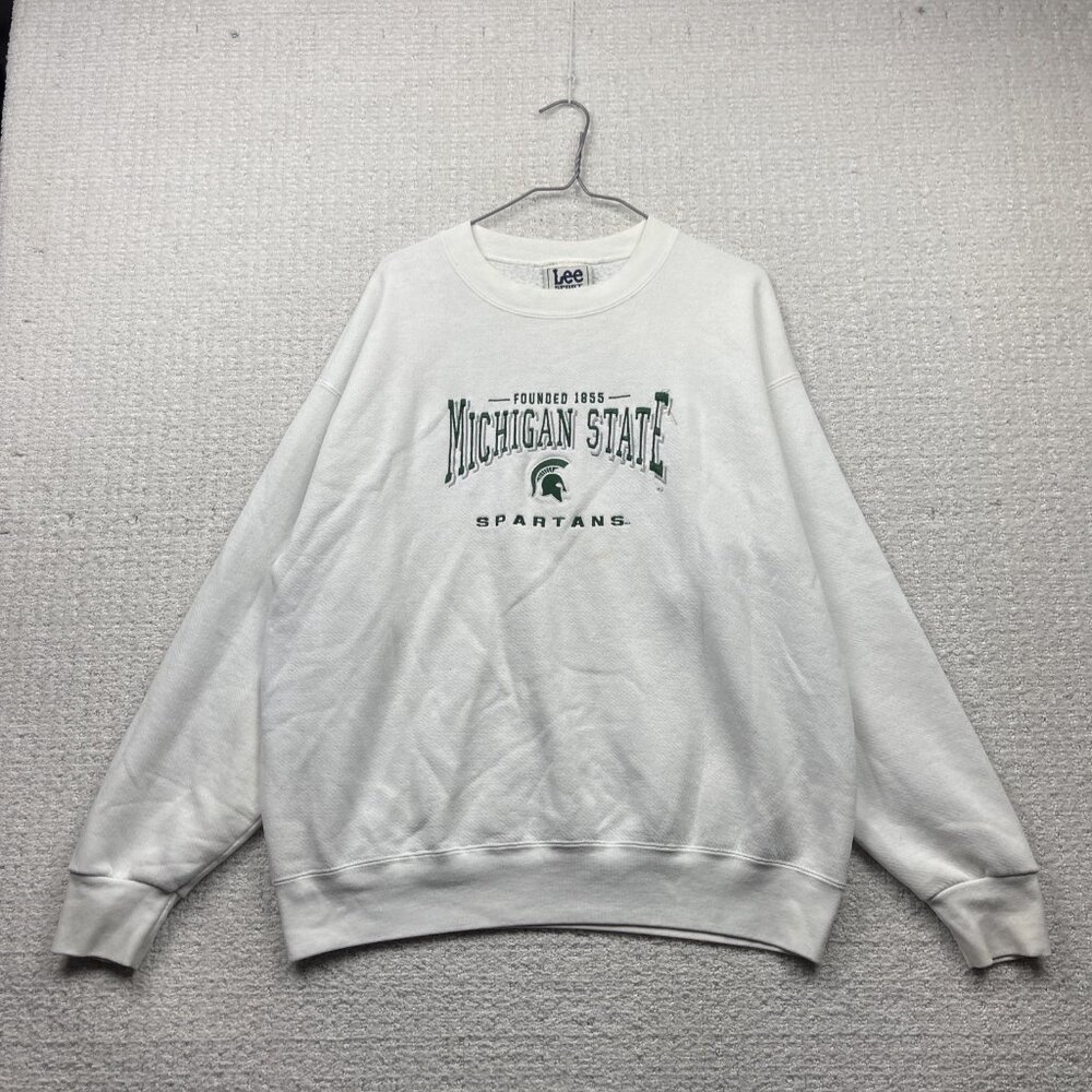 VTG Michigan State Spartans X Lee Sports White Sweatshirt Mens L USA Made Read